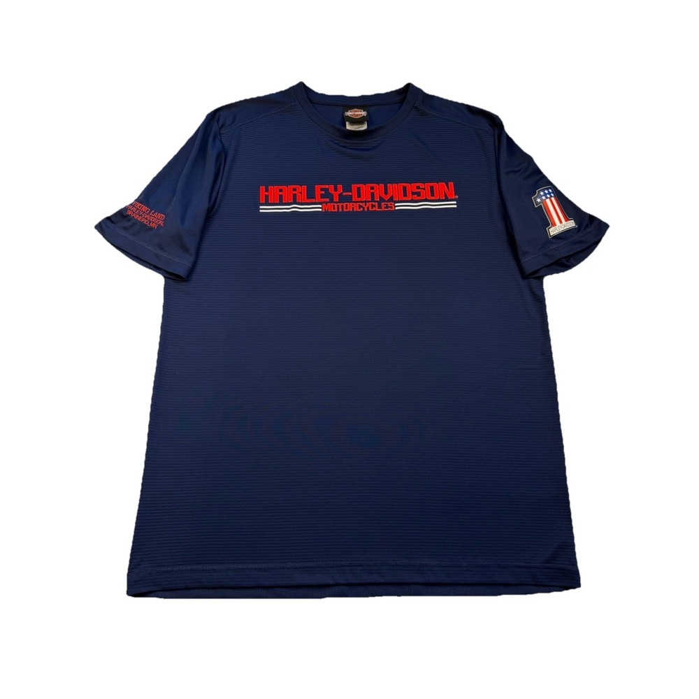 Harley Davidson Men's Sz L Performance Tee Navy Blue Viking Land Minnesota USA